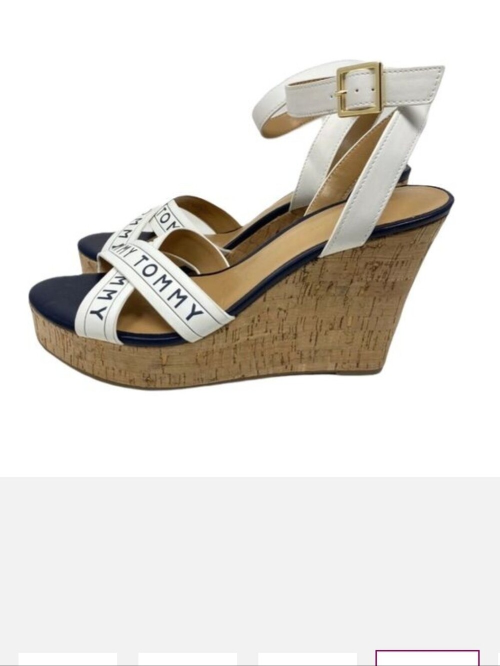 Tommy Hilfiger Sandals Womens 9.5 White Wedge Ankle Strap Buckle‎ Logo Open Toe - Picture 4 of 7